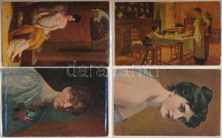 65 db régi művészlap bordó albumban / 65 pre-1945 art postcards in a burgundy red album