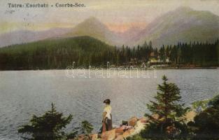 1911 Tátra, Magas Tátra, Vysoké Tatry; Csorba-tó, parton álló hölgy. Kiadja Sochán P. 242. / Csorba-See / Strbské pleso / lake, lady standing at the shore, High Tatras