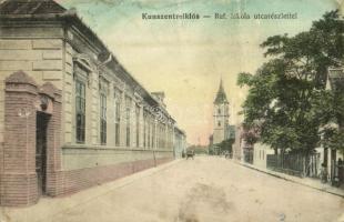 1913 Kunszentmiklós, Református iskola, utca, Református templom. Kiadja Bauer Gáspár 20. + ZIMONY - BUDAPEST 418 B vasúti mozgóposta bélyegző (fl)