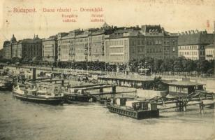 1908 Budapest V. Hungária és Bristol szállodák, villamos, dunai kikötő gőzhajóval. Taussig A. 9488. (fl)