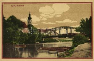 1924 Győr, Rába híd, csónakok a parton. Kiadja Szántó Imre (EK)