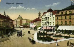 1917 Nagyvárad, Oradea; Bémer tér, villamos, üzletek. Kiadja Sonnenfeld Adolf műintézete / square, tram, shops (kopott sarkak / worn corners)
