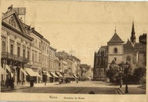 Kassa, Kosice; Városháza, Fő utca, üzletek / town hall, main street, shops (vágott / cut)