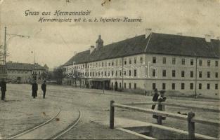 1906 Nagyszeben, Hermannstadt, Sibiu; Hermannsplatz mit k.u.k. Infanterie-Kaserne / Hermann tér, Cs. és kir. gyalogsági laktanya. Kiadja Karl Graef / square, K.u.K. military infantry barracks (fl)