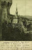 Segesvár, Schässburg, Sighisoara; Óratorony. Kiadja F. Teutsch. Kunstanstalt Jos. Drotleff / Turnul cu Ceas / Clock Tower + "SEGESVÁR P.U." pályaudvari bélyegző (kopott sarok / worn corner)