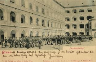 1900 Budapest IX. Mária Terézia laktanya, K.u.K. katonák, őrség, katonai zenekar. Verlag Alex J. Klein Nr. 14. Hof-Photogr. A. Huber