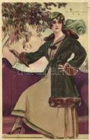 Lady with automobile. Italian art postcard. 316-3. s: T. Corbella
