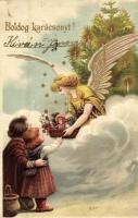 1902 Boldog Karácsonyt! / Christmas greeting card, angel with gifts. Emb. litho (EK)