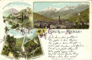Merano, Meran (Südtirol); Gilfanlage, Zenoburg, Schloss Tirol / San Zeno Castle, Tyrol Castle. C. J. 212. Art Nouveau, floral, litho (tiny tear)
