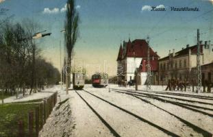 1917 Kassa, Kosice; Vasútállomás, villamosok / Bahnhof / railway station, trams (felületi sérülés / surface damage)