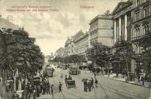 1910 Budapest VIII. Rákóczi út, Nemzeti Színház, villamos megálló (EB)