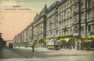 1913 Budapest VII. Erzsébet körút, villamos, Magyar leszámítoló és Pénzváltó Bank, Hotel Royal szálloda és kávéház (fl)