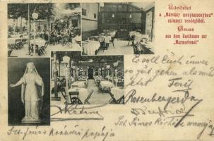 1901 Budapest I. Üdvözlet a Márvány menyasszonyhoz címzett vendéglőből, étterem belső, kert vendégekkel