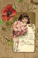 1900 Art Nouveau, floral greeting card with roses and girl. Emb. litho