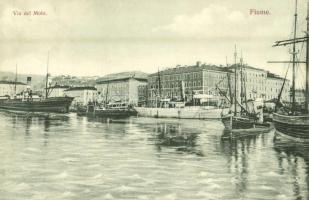 1908 Fiume, Rijeka; Via del Molo / kikötő gőzhajókkal / port, steamships, sailing vessels (EK)