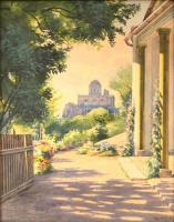 Koszkol Jenő (1868-1935): Kilátás az Esztergomi bazilikára. Akvarell, papír, jelzett, üvegezett keretben, 49×40 cm