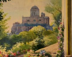 Koszkol Jenő (1868-1935): Kilátás az Esztergomi bazilikára. Akvarell, papír, jelzett, üvegezett kere...