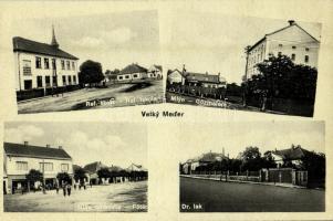 1938 Nagymegyer, Velky Meder, Calovo; Református iskola, gőzmalom, Főtér, Dr. lak. Kiadja Neuhauser / Calvinist school, main square, mill, doctors house