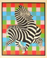 Vasarely, Victor (1908-1997): Zebrák. Szitanyomat, számozott (1/30), foltos, papír, jelzett, üvegezett keretben, 50×41,5 cm / Vasarely, Victor (1908-1997): Zebras. Screenprint on paper, numbered (1/30), spotty, signed, framed under glass, 50×41,5 cm