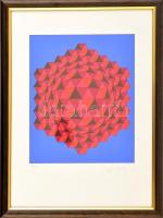 Vasarely Victor (1908-1997): Piros-kék gömb. Szitanyomat (21/80), papír, jelzett, üvegezett keretben...