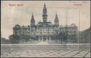 1912 Győr, városháza. Leporellolap 10 képpel, közte a Schöpf István üzlete, Kazinczy utca