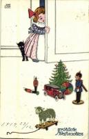 1914 Fröhliche Weihnachten / Christmas greeting art postcard, girl with toys s: Joe Loe (EK)