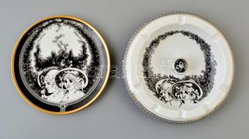 Hollóházi Jurcsák László által tervezett mintával díszített porcelán hamutál és táka, jelzett, apró kopásnyomokkal: 12 cm