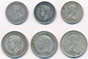 Ausztrália 1918-1959. 3p Ag (3xklf) + 1942-1962. 6p Ag (3xklf) T:2-3 Australia 1918-1959. 3 Pence Ag (3xdiff) + 1942-1962. 6 Pence Ag (3xdiff) C:XF-F