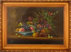 Olvashatatlan jelzéssel: Asztali csendélet. Olaj, fatábla, keretben, 40×60 cm