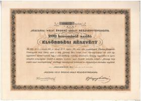 Jászladány 1911. "Jászsági Helyi Érdekü Vasut Részvénytársaság" elsőbbségi részvénye 200K-...