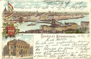 1897 (Vorläufer!!) Budapest, Panoráma a Királyi vártól, Kir. Opera, Lánchíd, magyar zászló és Budapest címere. Art Nouveau, floral, litho (vágott / cut)