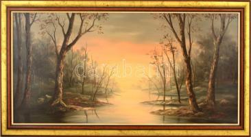 Szepesi Andor (1954-): Táj. Olaj, farost, jelzett, keretben, 40×80 cm