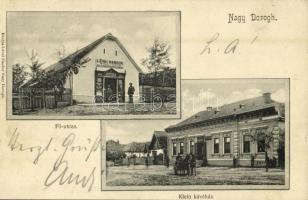 1905 Nagydorog, Fő utca, Klein Lajos kávéháza, vendéglője és borügynöksége, Lévai Nándor üzlete és saját kiadása