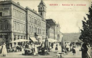 1914 Szeged, Széchenyi tér, Városháza, Hay Miksa, Buchhalter Lipót üzlete, piaci árusok. Traub B. és Társa kiadása (EK)