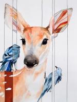 Kun Sarolta (1990- ): Őz és madár. Akvarell-tus, papír, jelzett, felcsavarva, 40×30 cm