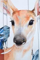 Kun Sarolta (1990- ): Őz és madár. Akvarell-tus, papír, jelzett, felcsavarva, 40×30 cm