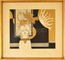 Szász Endre (1926-2003): Macska. Szitanyomat, papír, jelzett, üvegezett keretben, 35×40 cm