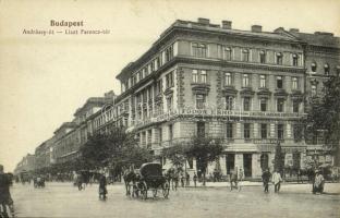 Budapest VI. Andrássy út és Liszt Ferenc tér, Fodor Ernő zeneiskola és akadémia előkészítő tanfolyam, Demokrata Kör, gummi áruk, üzletek, lovaskocsik