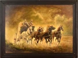 Bánfalvi Gyula (1936-2011): Vágtató lovaskocsi. Olaj, vászon, jelzett, keretben, 50×70 cm