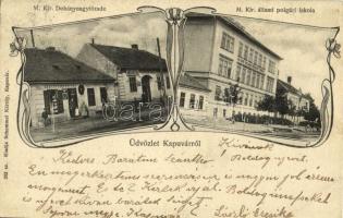 1905 Kapuvár, M. kir. Dohánynagytőzsde, sörraktár, Deutsch József üzlete, M. kir. állami polgári iskola. Kiadja Schemmel Károly 202. sz. Art Nouveau (EK)