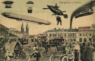 1908 Nyíregyháza, a jövőben montázslap. Kiadja Deutsch M. / in the future montage postcard (EK)