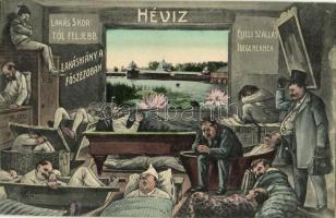 1915 Hévíz, Lakáshiány a főszezonban, éjjeli szállás idegeneknek, lakás 5kor-tól feljebb. Humoros montázs, Kiadja Mérei Ignác (EK)
