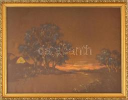 Jelzés nélkül: Napnyugta. Festett selyemkép, üvegezett keretben, 36×49 cm