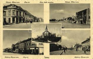 Szenc, Szempcz, Senec; Molnár Albert utca, Piac tér, Római katolikus templom, Rákóczi Ferenc utca, üzletek / street views, market square, Catholic church, shops (ázott sarok / wet corner)