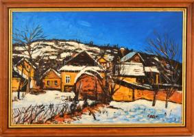 Arató István (1922-2010):Téli napsütés Pomázon. Olaj, farost, jelzett, keretben, 40×60 cm