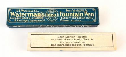 Watermans Ideal Fountain Pen és Szent-István Töltőtoll dobozok, 16x3 cm és 15x3 cm.