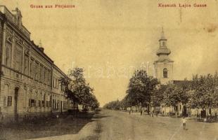 Perjámos, Periam; Kossuth Lajos utca, templom. W.L. 1327. / street, church (EB)