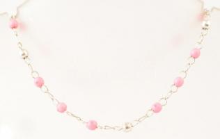 Ezüst(Ag) rózsaszín gyöngyökkel díszített karkötő, jelzett, állítható h: 22-25 cm, bruttó: 2,3 g
