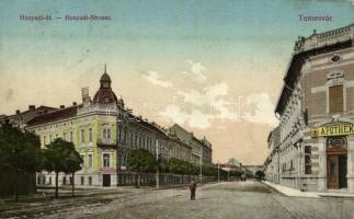 1912 Temesvár, Timisoara; Hunyadi út, Gyógyszertár, sörcsarnok / Hunyadi-Strasse, Apotheke, Steinbrucher Bier / street view, pharmacy, beer hall (EB)