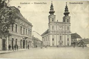 1918 Erzsébetváros, Dumbraveni; Erzsébet tér, templom, üzletek. Gustav Binder kiadása / square, church, shops + "K.k. Landsturmetappen Baon Nr. 28. 2. Kompagnie"